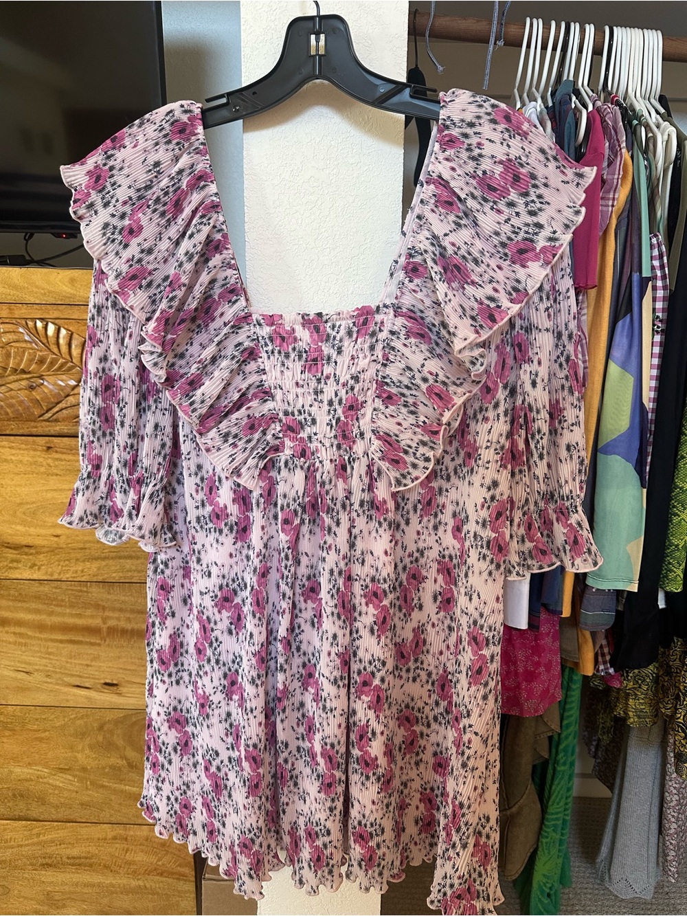 Ganni Pink Floral Ruffle Smocked Mini Dress